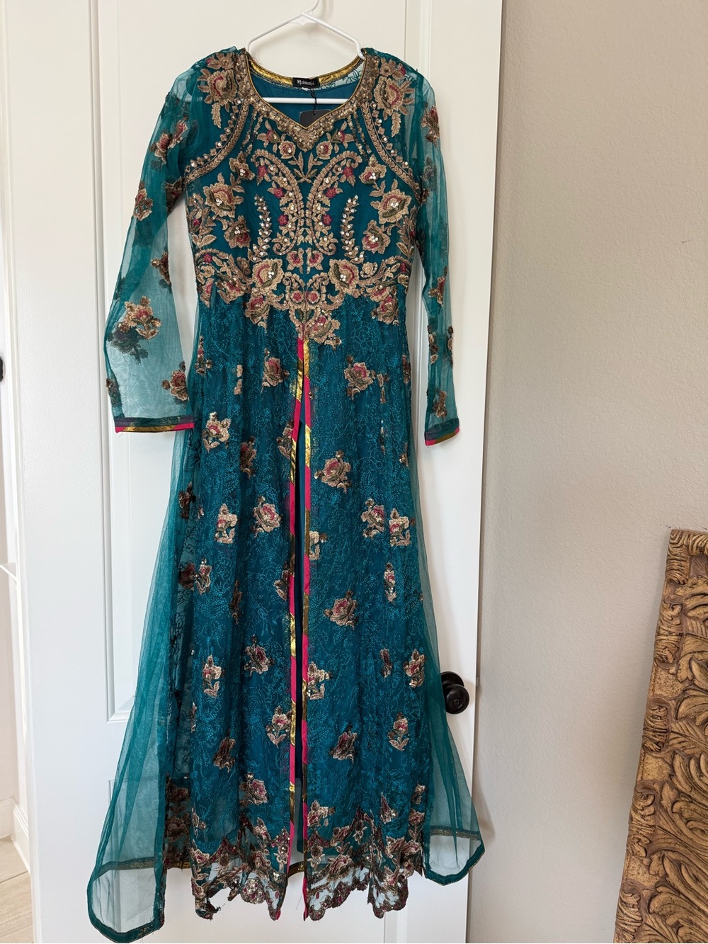 Embroidered Teal Mesh Maxi Dress - Brand: